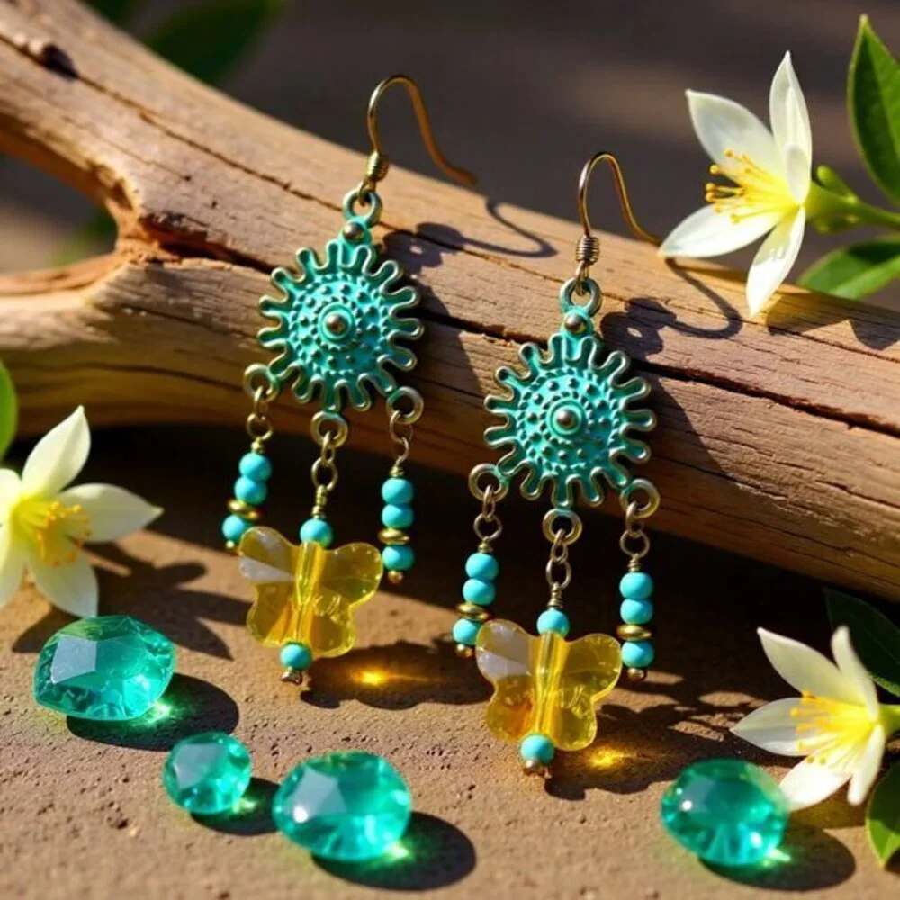 Boho Butterfly Chandelier Earrings • Yellow Aqua Turquoise • Spring Festival